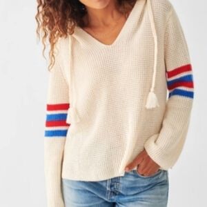 Faherty Waffle Knit Hoodie Medium Cream Striped Sleeve Pullover